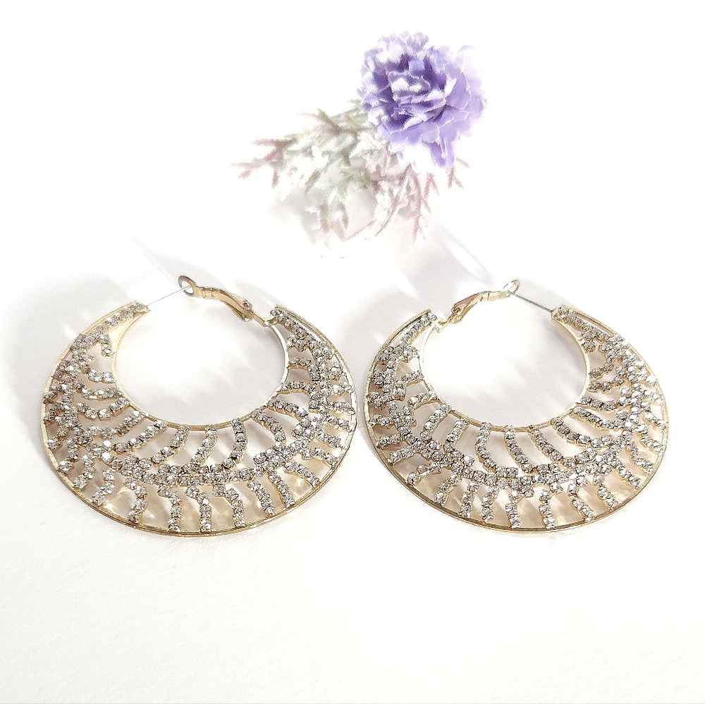 Gold Tone Crystal Hoop Earrings Large Crystal Statement Hoop Earrings - Picture 8 of 14
